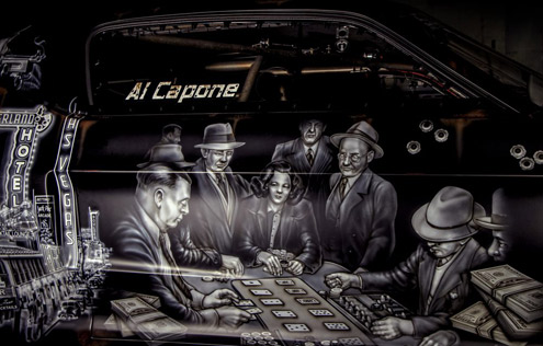The “Mob Edition” Mustang, built by Tim McAmis Race Cars and hand painted by Jeff Hoskins, features many famous scenes and people, including its driver, Al Capone. 